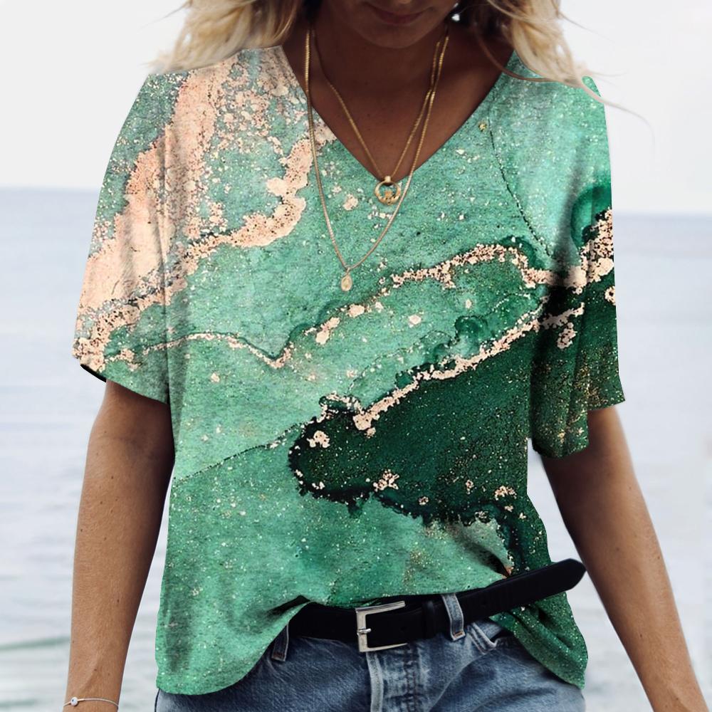 Летние женские футболки с 3D-принтом, градиентная футболка Harajuku, свободные футболки для женской одежды, новые топы с коротким рукавом и V-образным вырезом