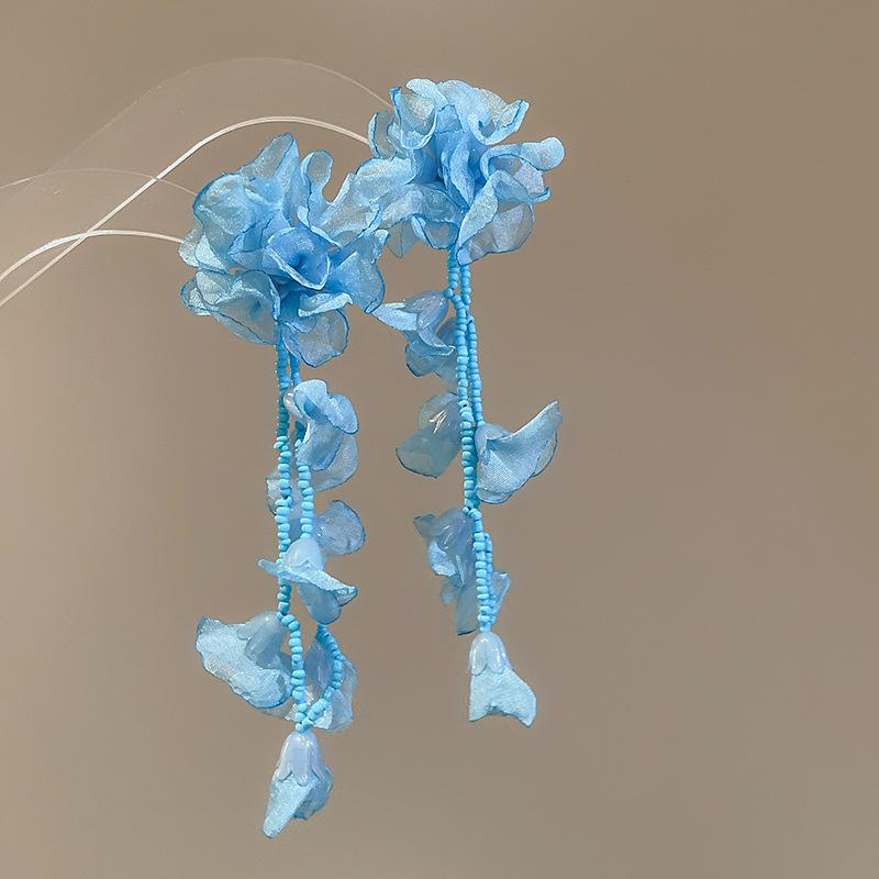 Серьги с кисточками в виде цветов из шифона "Серебряная игла", Милый стиль Мори, Дофаминовый тренд, Универсальные женские серьги