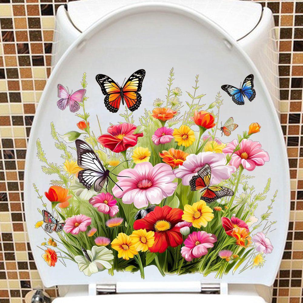 Easy To Paste Butterfly Flower Removable Stickers Mildew-proof Toilet Lid Decals Wall