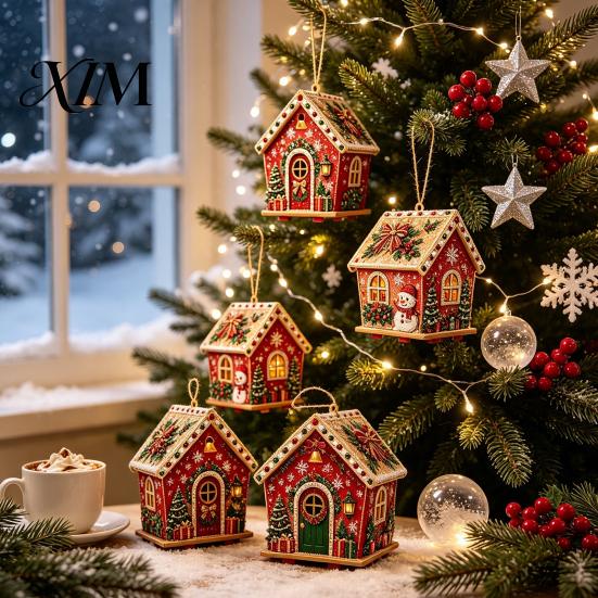 Holiday Celebration Supplies DIY Christmas Faux Pearl Art Painting Hanging Pendant Kit, 3D Bead Gingerbread Wooden Craft Project House Handmade