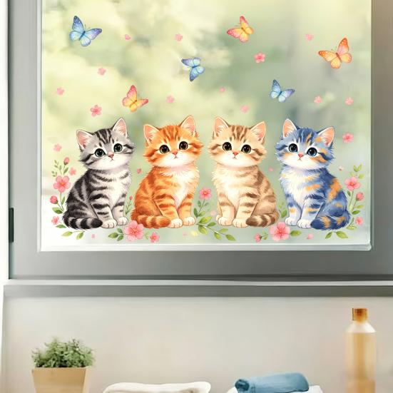 Весенний Кот Наклейка на Окно Мультяшный Кот Цветы Бабочки Наклейка на Окно Многоразовая Статическая Наклейка на Стекло для Ванной Кухни Стеклянные Двери Окна