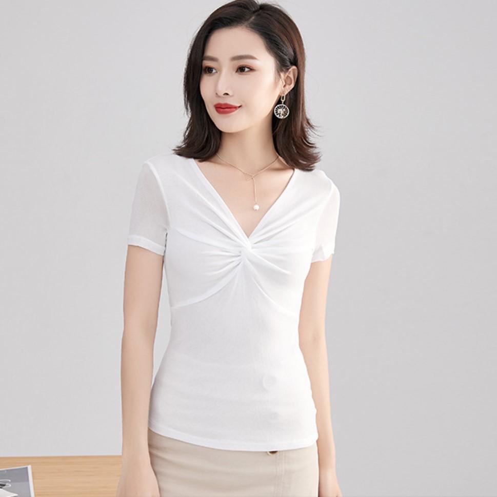 Spring Korean Style Women's Fashion V-neck Mesh Short-sleeved T-shirt Women's Ins Trendy Shirt
