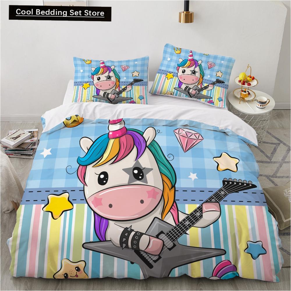 Детский детский розовый комплект постельного белья Queen King Cartoon Unicorn Белый пододеяльник Twin Полный цветной 2/3 шт полиэстеровый пододеяльник