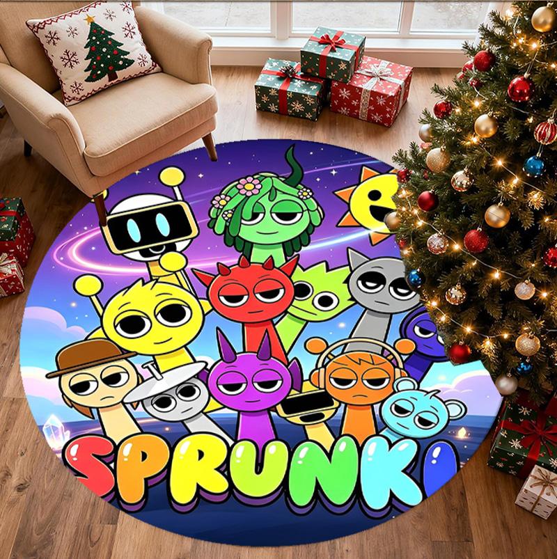 Sprunki Game Pattern Round Rug, Indoor/Outdoor Mat, for Picnic, Gameroom, Bedroom, Office, Living Room, Home Decor Carpet, Birthday Gift