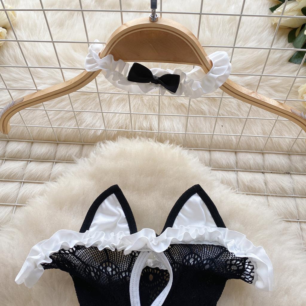 Japanese Cute Cat Erotic Night Dress Women Strapless Slim Bow Backless Nightwear Playsuits Female Hollow Out Sheer Uniform Sexy Pajamas 2024