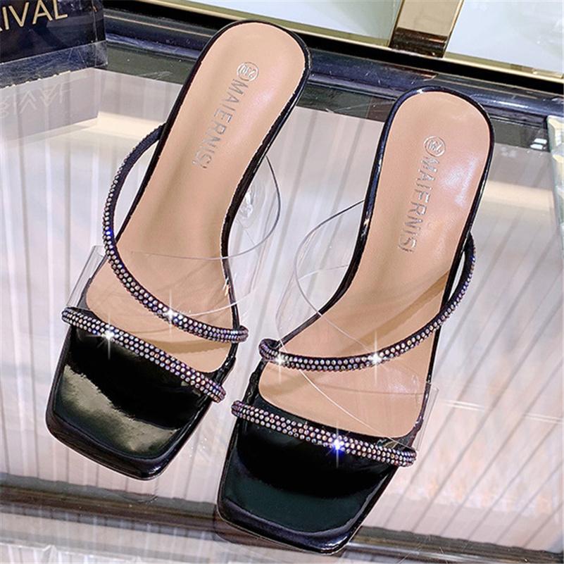 Women Summer 9cm High Heels Slides Mules Lady Transparent Crystal Glitter Slippers Sandals Clear Heels Pvc Sparkly Shoes