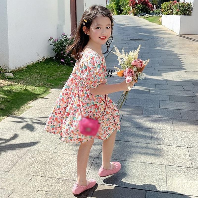 Летнее платье с открытой спиной и цветочным принтом для маленьких девочек, детское милое платье принцессы, платье с объемными рукавами