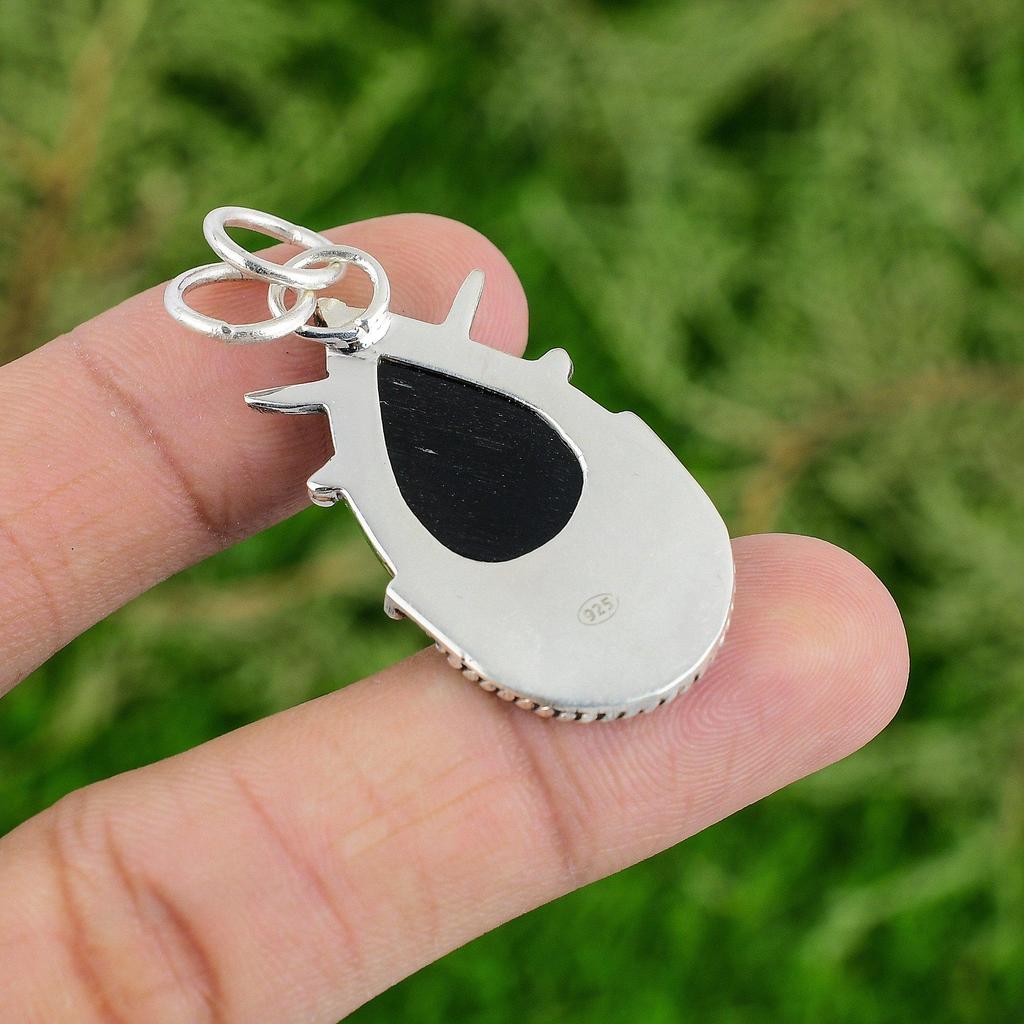 925 Sterling Silver Pear Black Tiger's Eye Gemstone Wife Bezel Pendant Jewelry