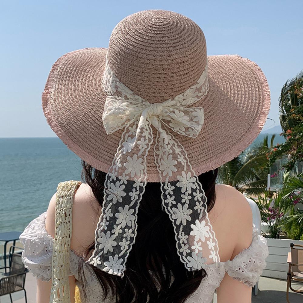 Breathable Wide Brim Sun Hat Large Brim Sunshade Cap Vacation Lace Bowknot Straw Hat  Woman