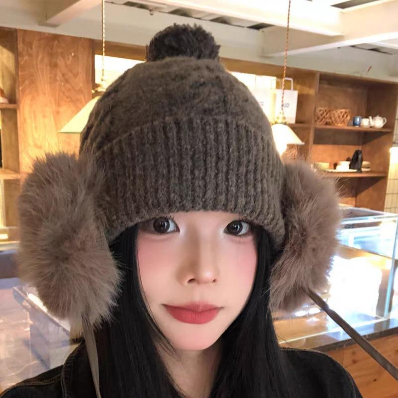 Women S Korean Style Large Head Warm Knit Hat Ear Protection Sweet Winter Hat