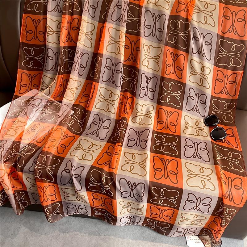 Plaid Butterfly Silk Scarf Commuter Large Shawl Soft Yarn Scarf Simulation Silk Pattern Scarf Women's Large Size Sun Protection Light Luxury