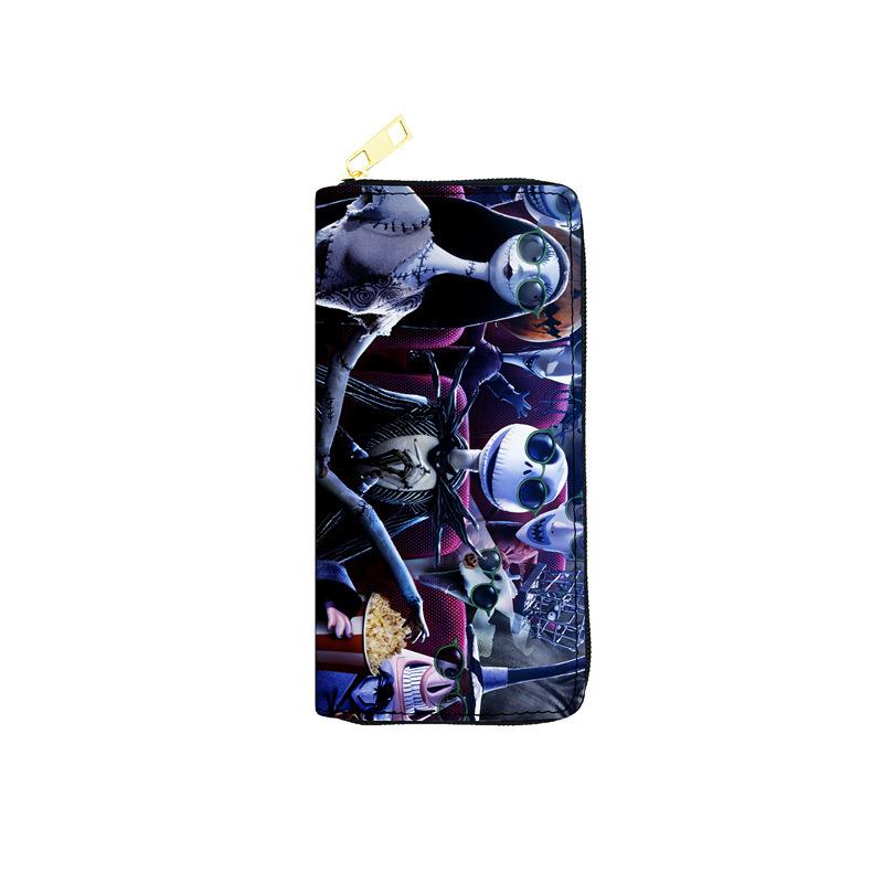Nightmare Before Christmas PU Leather Long Wallet for Women Zip Clutch Purse Makeup Bag Jack Skellington Print Black 3pcs