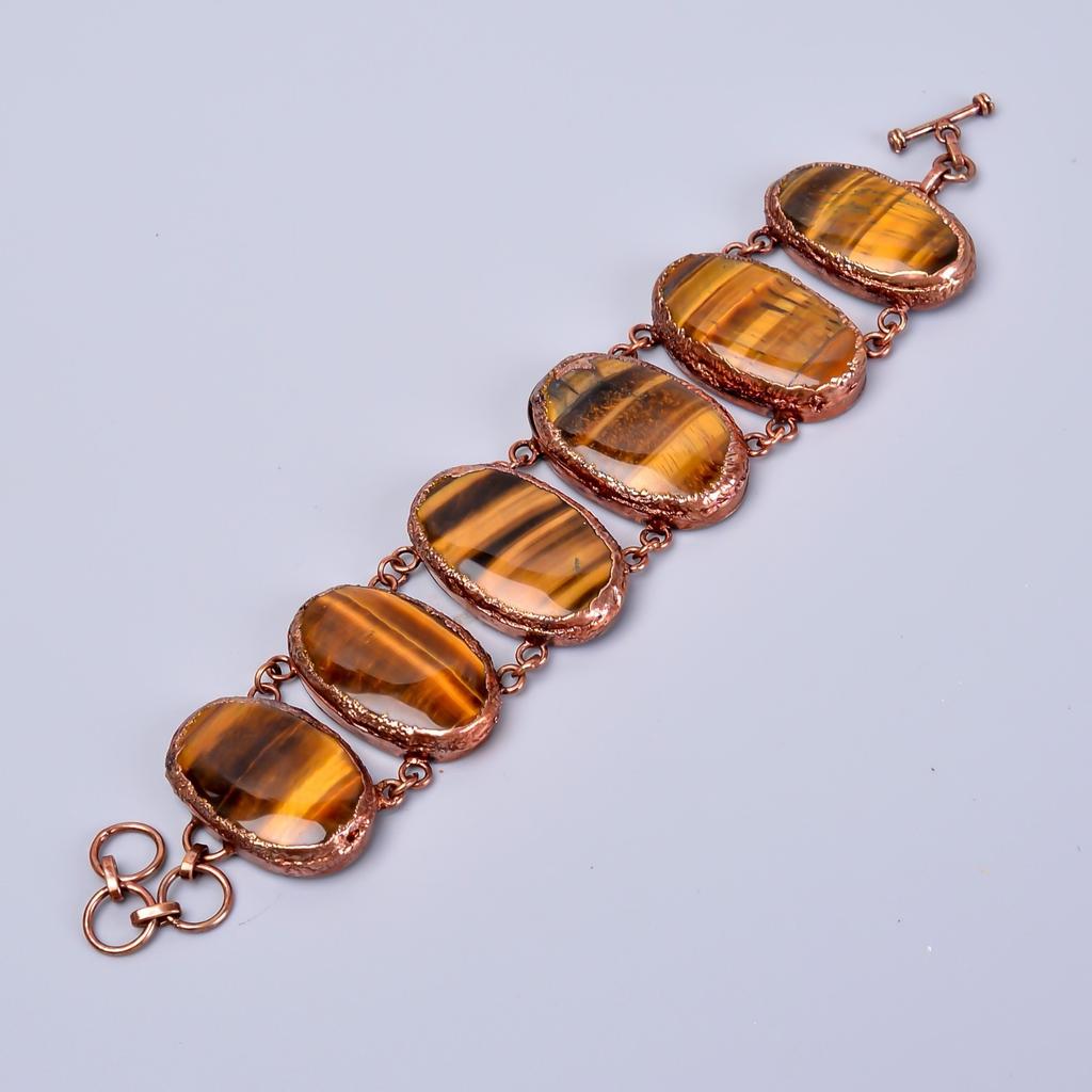 Natural Tiger Eye Copper Electroformed Statement Sacral Chakra Bracelet Jewelry V-75