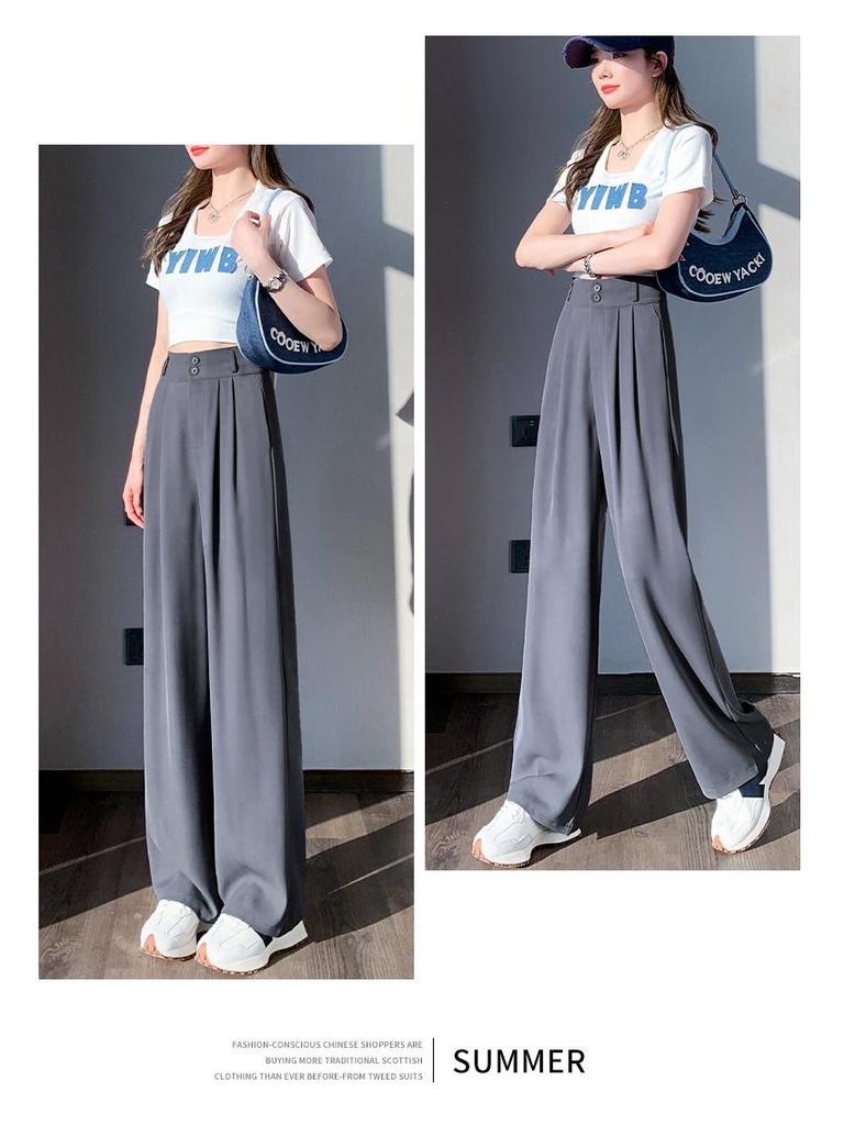 Women's Black Wide-Leg Pants In Draping Ice Silk: High Waist, Double Button, Slimming Design, Straight Leg, Perfect for Summer.
