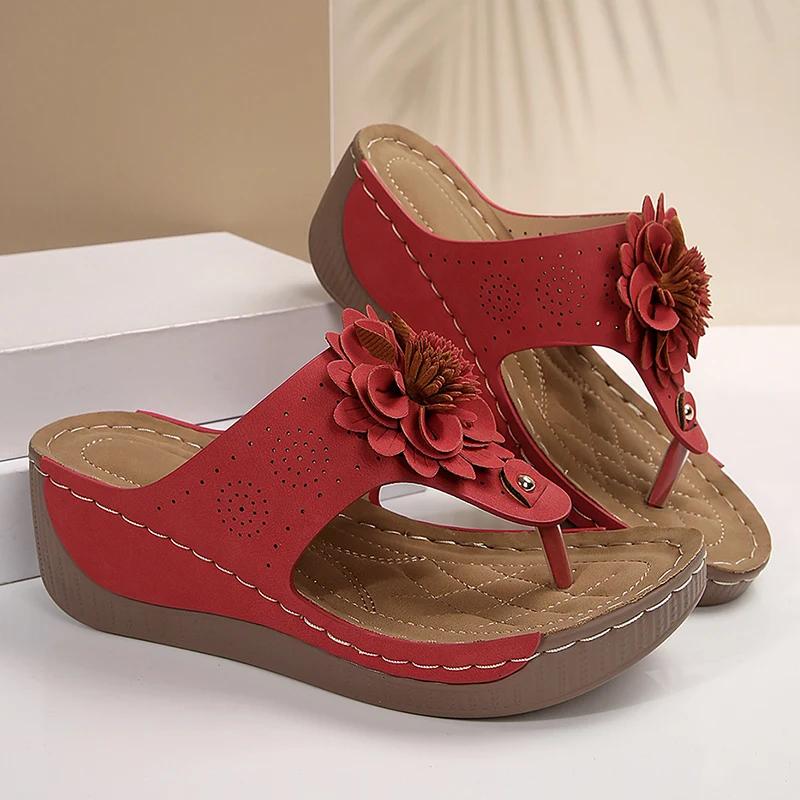 Fashion Big Floral Clip Toe Sandals Women Summer 2025 Comfortable Soft Sole Wedge Heels Slides Woman Casual Plus Size 43 Slippers Mujer
