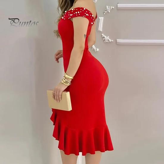 Evening Dress Off Shoulder Sheath Sleeveless Irregular Ruffle Hem Slim Fit Solid Color Faux Pearl Decor Midi Dress for Party Prom Wedding