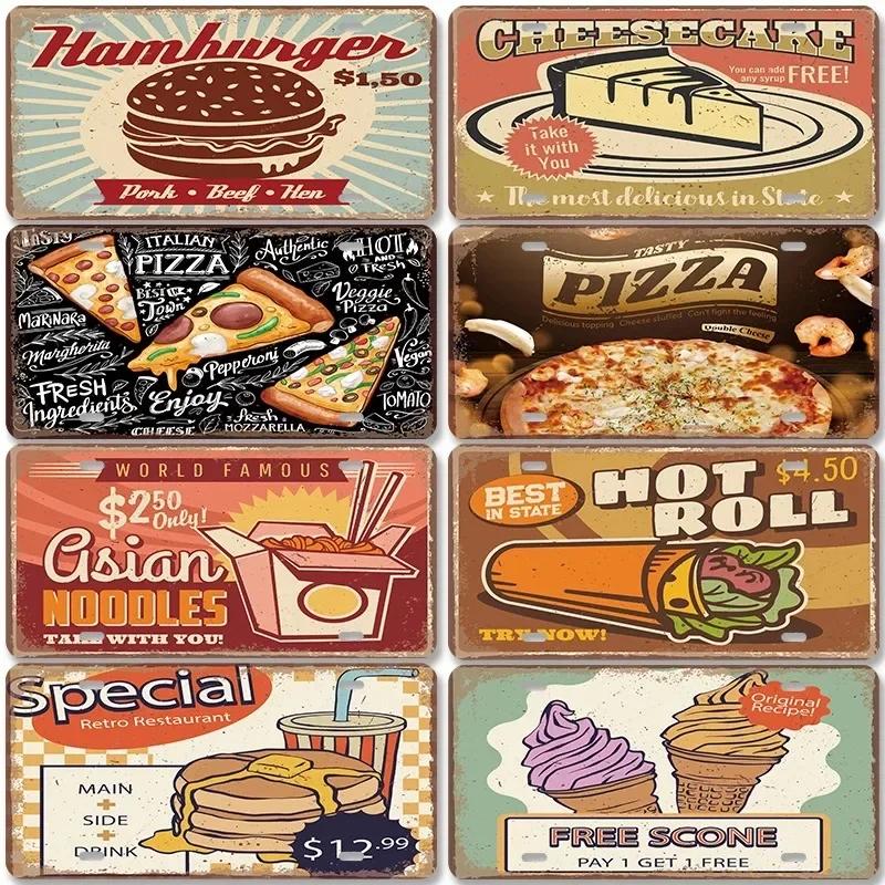 Vintage Delicious Foods Plate Metal Aluminum Sign Pizza Hot Roll Sandwich Donuts Metal Poster Home Cafe Restaurant Wall Decor
