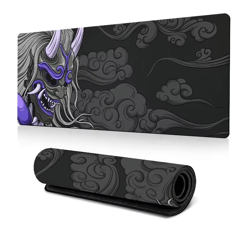 Japanese Oni Hannya Mask Gaming Mouse Pad Large Extended Desk Mat Traditional Cloud Pattern Non-Slip Base