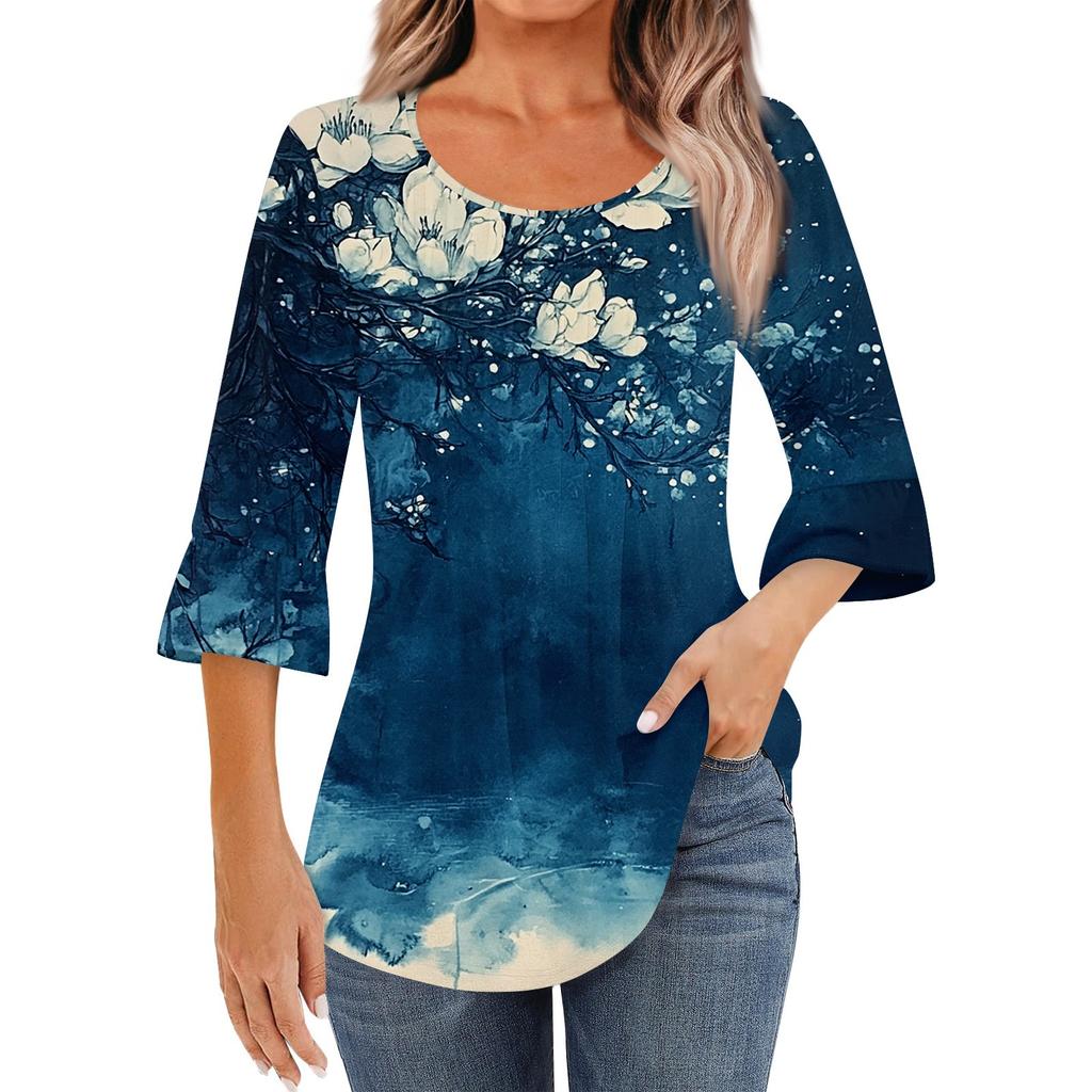 Женская модная повседневная плиссированная футболка с круглым вырезом и цветочным принтом, рукав три четверти