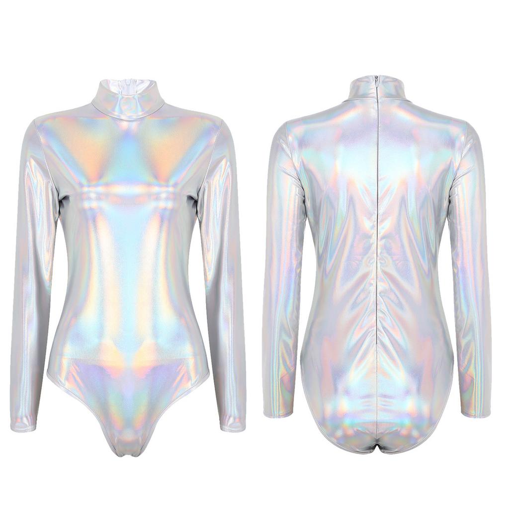 Women's Shiny Metallic Long Sleeve Turtleneck Thong Leotards Dance Gymnastics Bodysuit Clubwear