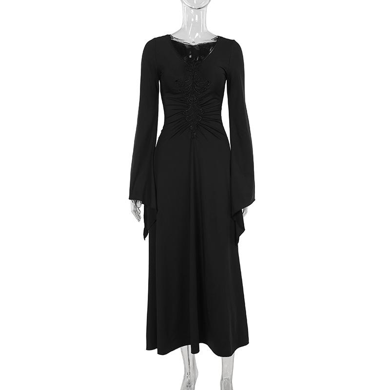 AltGoth Винтажное готическое платье на Хэллоуин Женское темное панковское элегантное платье с расклешенными рукавами и V-образным вырезом с высокой талией Платье в стиле эмо-альтернативной вечеринки