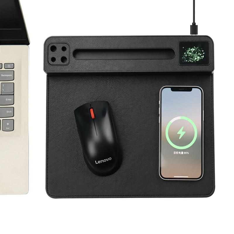 15 Вт QI быстрая зарядка беспроводной зарядки коврик для мыши со светодиодным дисплеем зарядное устройство для телефона PU коврик для мыши с держателем для мобильного телефона слот для ручки