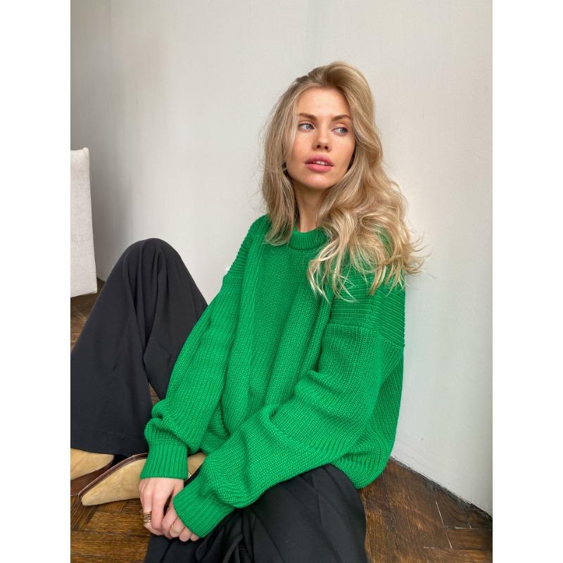 Осенне-зимний женский свитер, вязаный свитер с круглым вырезом, свободный однотонный свитер с длинными рукавами