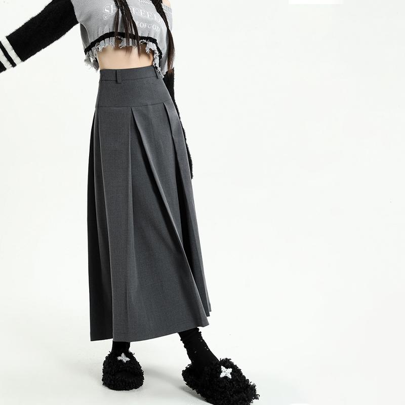 Винтажный серый костюм, юбка трапециевидной формы, женская весенне-осенняя плиссированная юбка средней длины с высокой талией в студенческом стиле