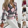 Women Deep V Neck Pleated Retro Color Matching Long Sleeve Lantern Sleeve Slim Fit OL Commute Top