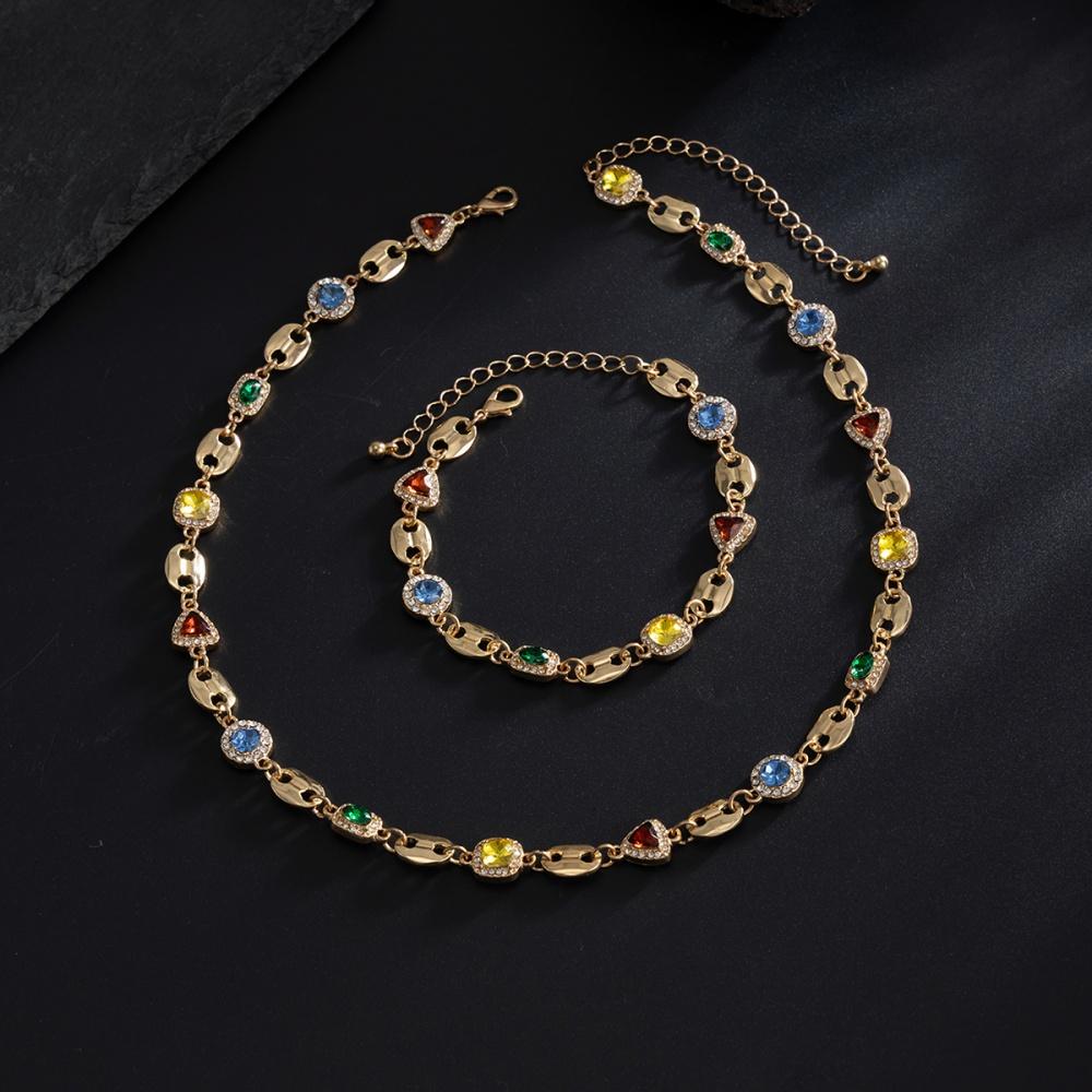 Y2K Multi Color Rhinestone Gemstone Necklace Bracelet Set for Men Trendy Male Collarbone Chain Accessories Fashion Jewelry Gifts