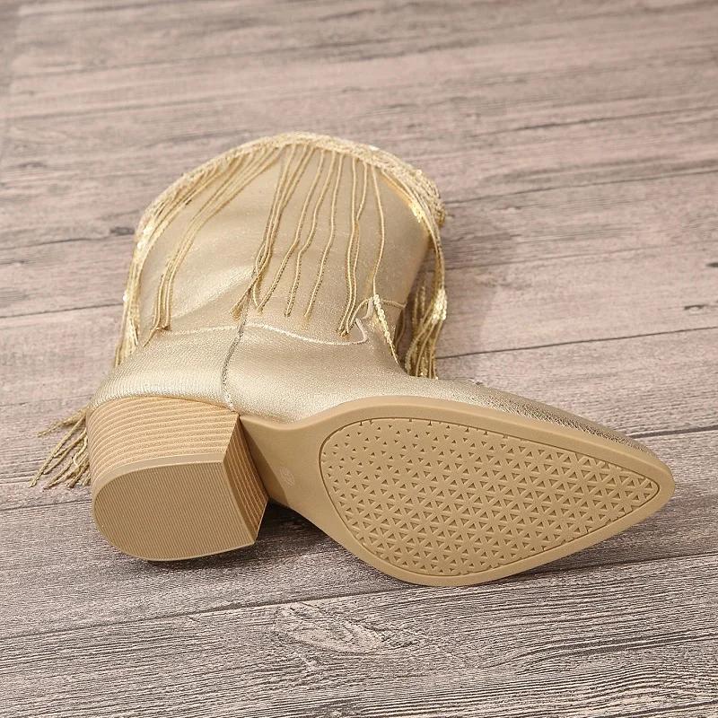 Женская обувь Сапоги Золотые Новые Рок Готические Женские Сапоги До Икры Бахрома Кристалл Роскошные Сексуальные Каблуки для Стриптизерши Предложение