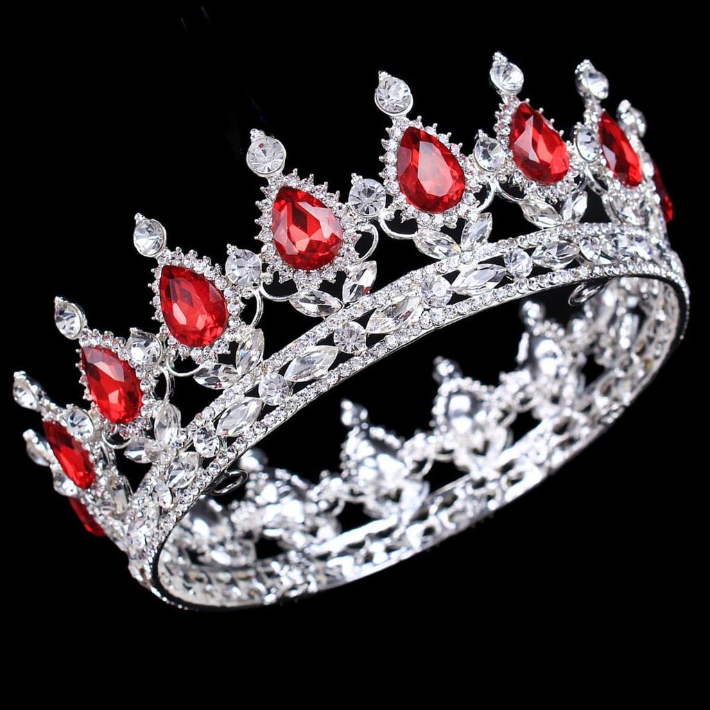 2" Height Silver/Gold Plated Crystal Rhinestone Ruby Full Circle Tiara Crown Bridal Wedding Jewelry Hair Accessories (Silver+red)