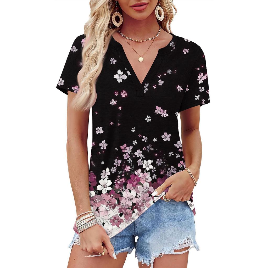 Женская летняя рубашка с коротким рукавом и V-образным вырезом с цветочным принтом, деловая повседневная свободная футболка, трендовая модная одежда, топы