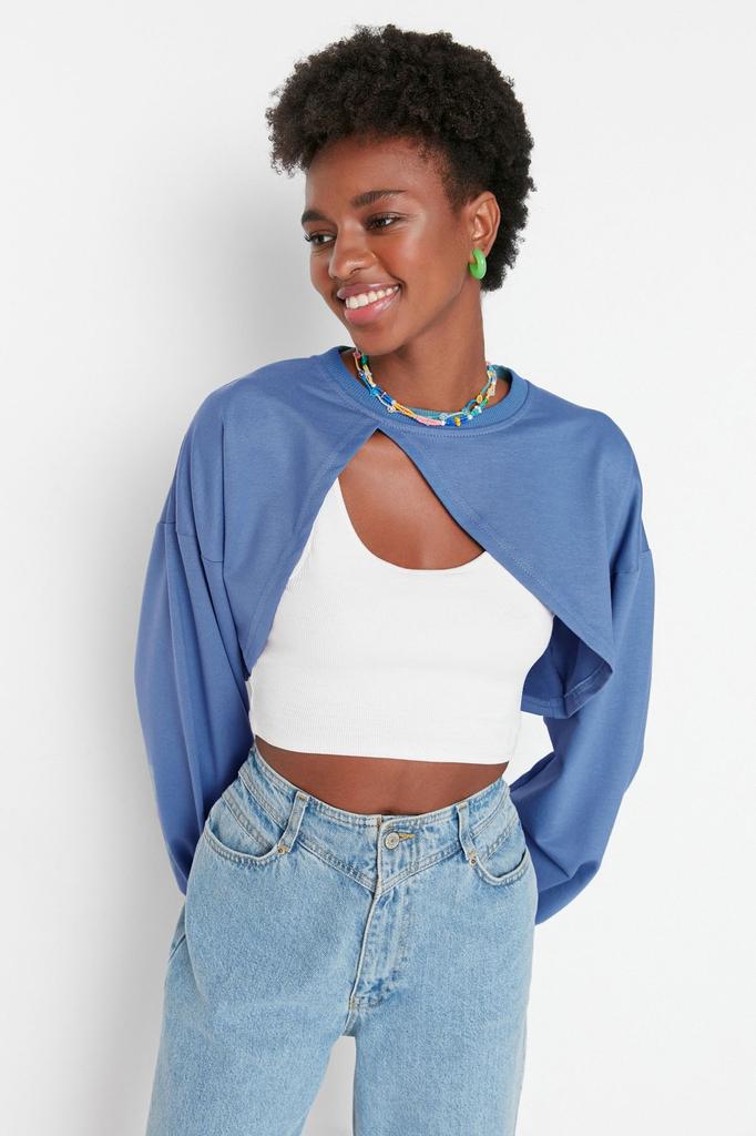 Women's Fashion Stylish Sweatshirt Black Asymmetrical Super Crop Crew Neck Thin Knitted Sweatshirt