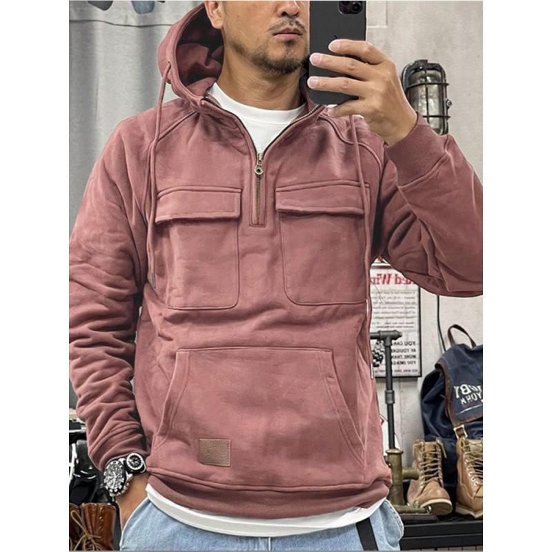 Men's Solid Color Long Sleeve Multi-pocket Loose Hooded Sweatshirt