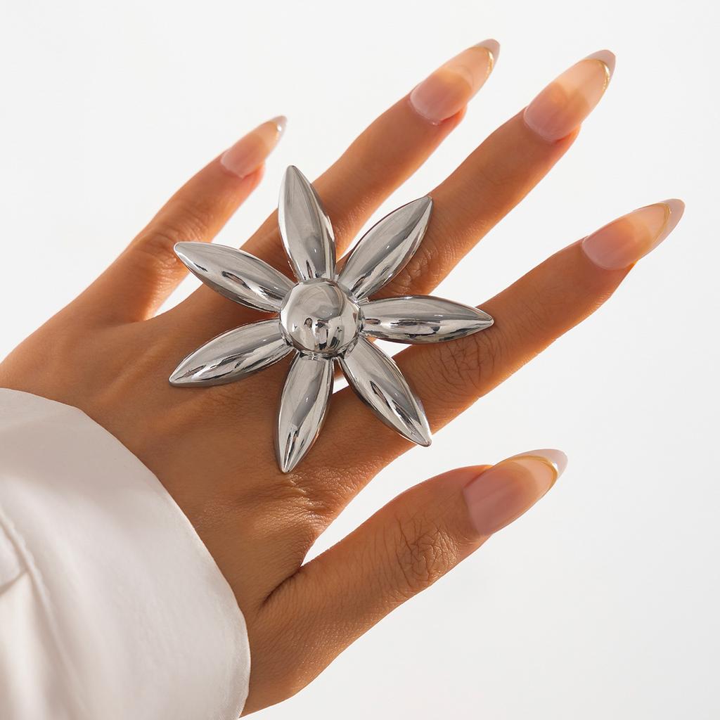SHIXIN Vintage Creative Silver Color Large Flower Open Ring for Women Punk Imitation Pearl Party Adjustable Ring Finger Jewelry