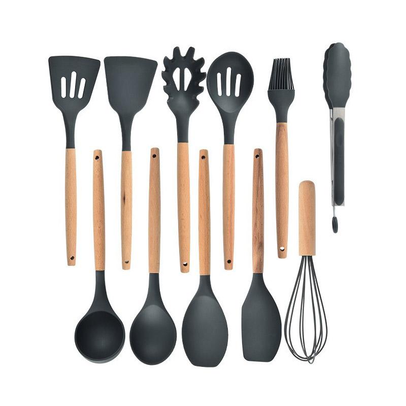 Силиконовые кухонные принадлежности с антипригарным покрытием, набор кухонных принадлежностей, лопатка, лопатка, венчики для яиц, деревянная ручка, набор кухонных инструментов для приготовления пищи