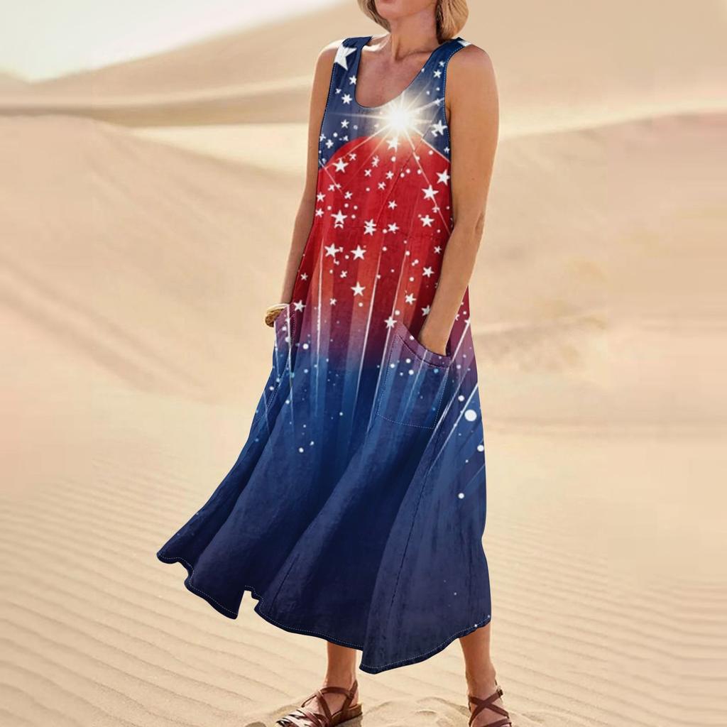 Женское модное повседневное хлопковое льняное платье без рукавов с принтом и карманами