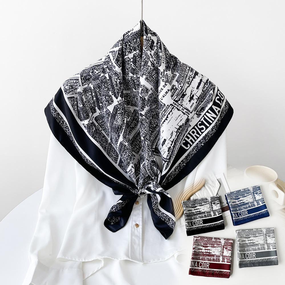 New Scarf Abstract Letter Color Block Shawl Imitation Silk Square Scarf Thin Light Breathable Scarf Twill Headscarf