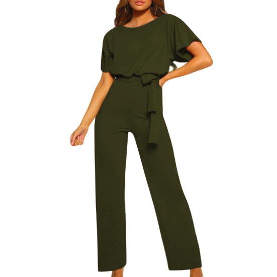 Women Jumpsuit with Lace-up Belt Wide Leg Short Sleeves Pure Color O Neck High Waist Outfit Casual Formal Long Romper Outfit