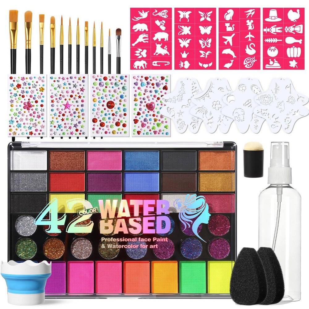 Available Face Painting Kit 42-Color Water-Activated Palette Brush Sponge Stencil 1 pcs