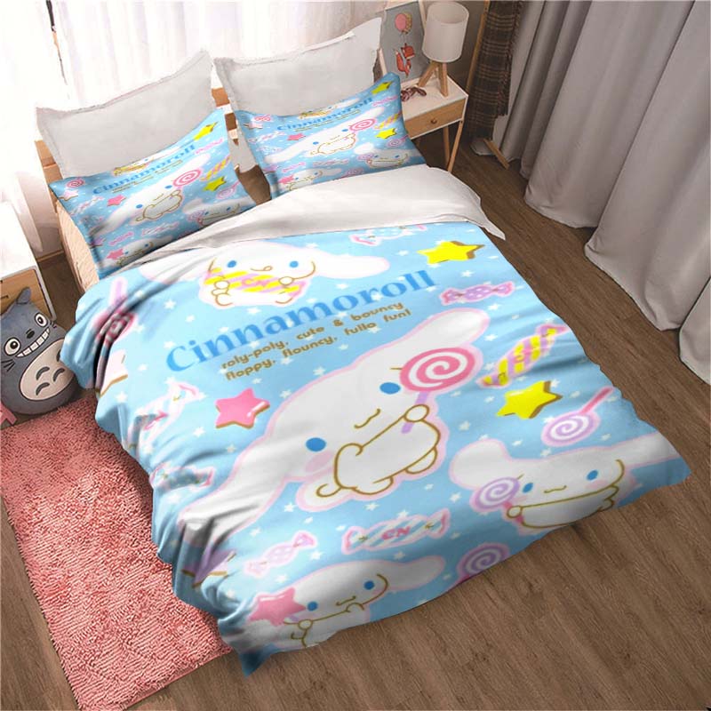 3D printed cartoon Cinnamoroll themed three-piece bedding set, including duvet cover and pillowcases, a perfect holiday gift.