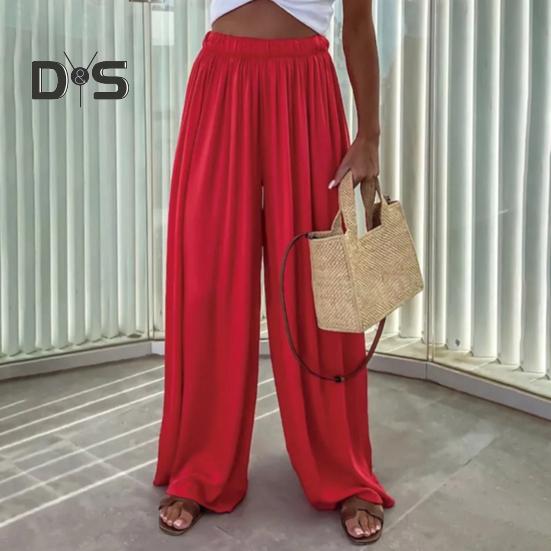 Women Pants Oversize Wide Leg Elastic Waist Casual Trousers Loose Fit Solid Color Thin Long Pants Daily Wear
