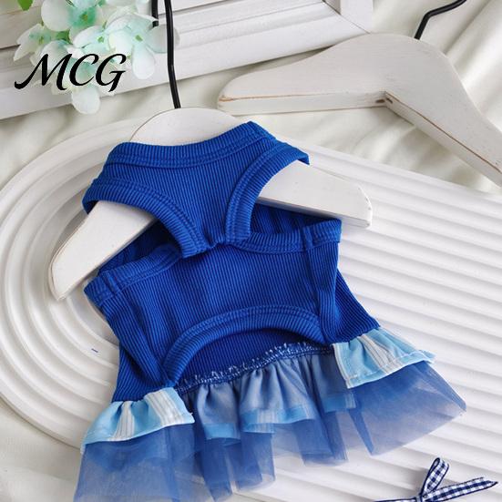Layered Pet Clothing Sleeveless Ribbed Dress, Ultramarine Blue Cute Dog Striped Skirt Lightweight Dress Girl Doggie Clothes for Small Medium