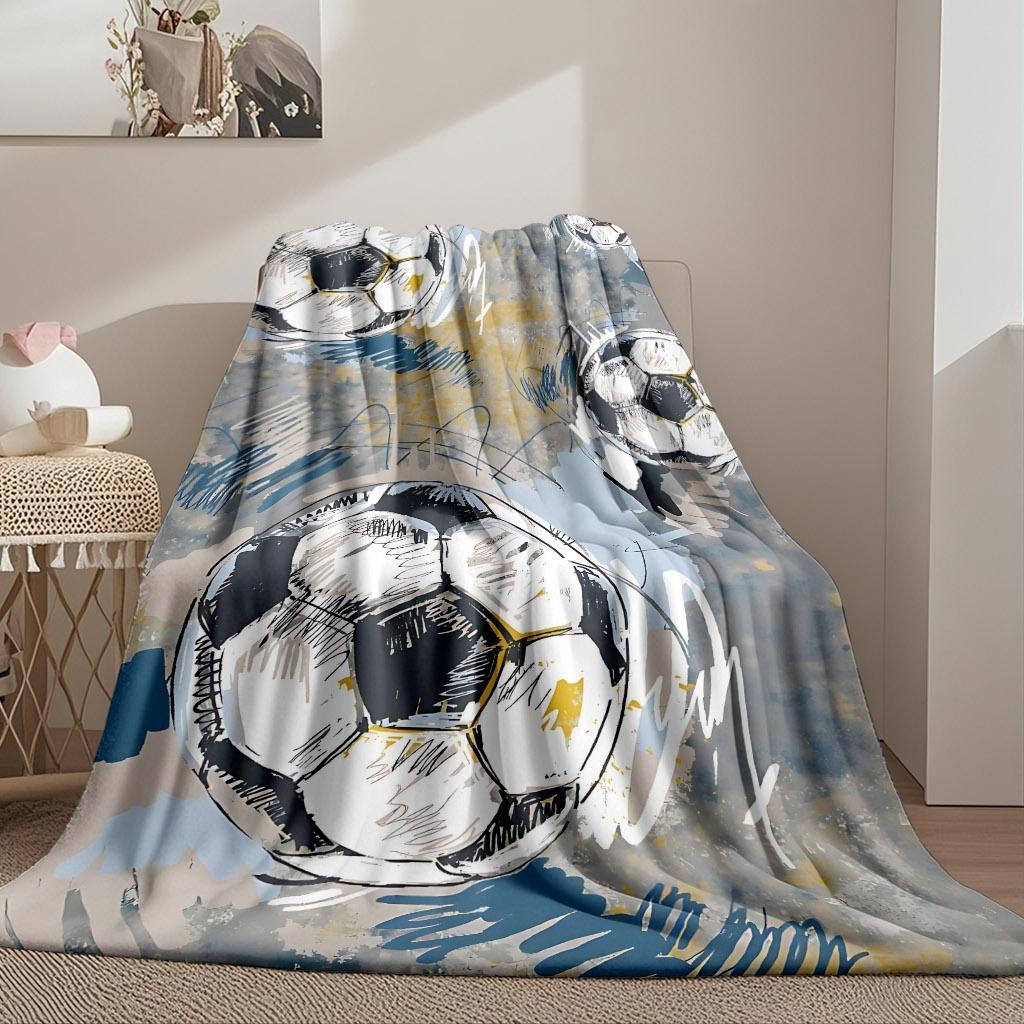 Retro Sketch Soccer Ball Flannel Throw Blanket Vintage Grunge Football Print Sports Fan Sofa Blanket