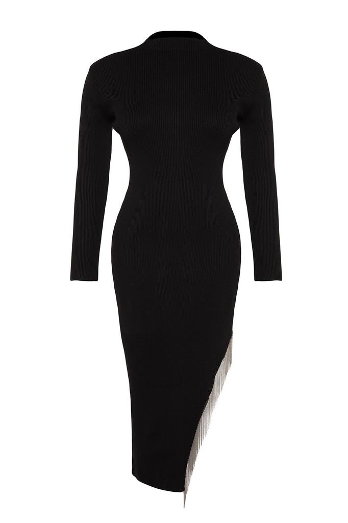 Women's Style Plus Size Asymmetrical Cut Knitwear Dress with Black Accessory Detail
