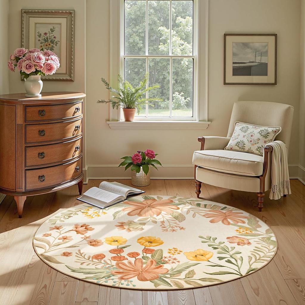 Green Botanical Print Round Rug Washable Area Rugs Indoor Circle Modern Tropical Desert Cactus Soft Non-Slip Carpet for Living