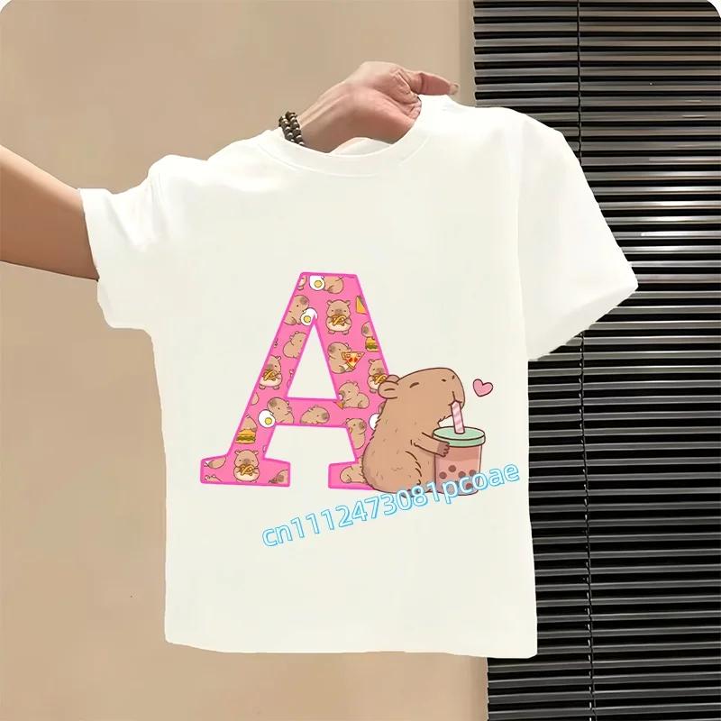 Capibara Cute T-shirt Kids Anime Capybara Letter A-Z Tees Girls Summer Short Sleeve Polyester Tops Children Clothes Gift Hot Sales