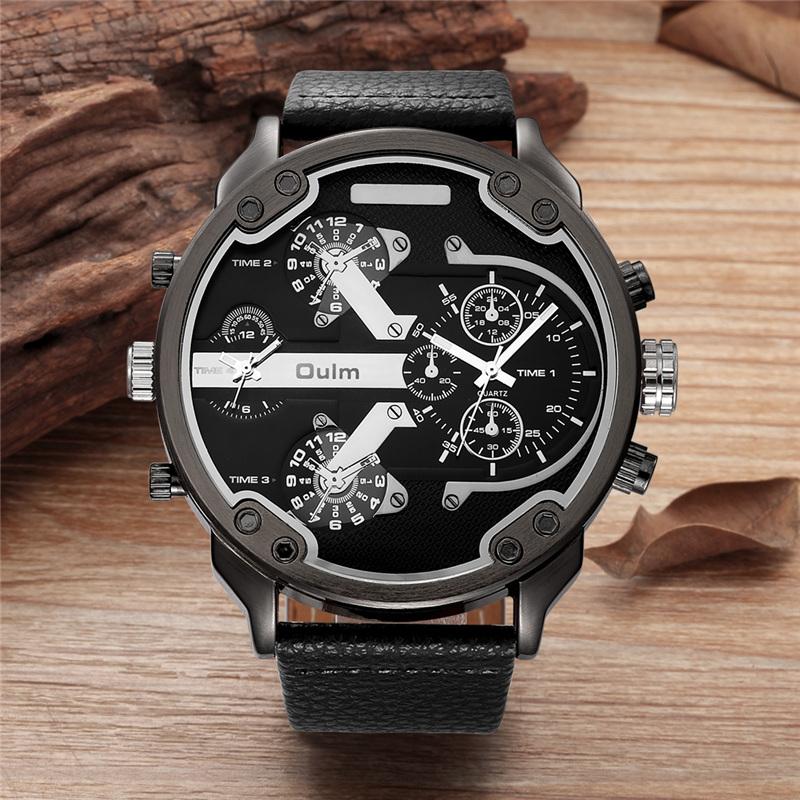 Мужские часы с большим циферблатом, двумя часовыми поясами, кварцевый механизм