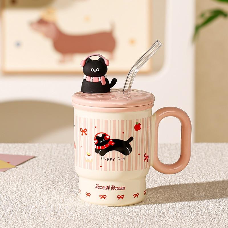 Cartoon Cat Mug With Lid And Straw High Value Household Ceramic Cup Girls Birthday Gift Water Cup
